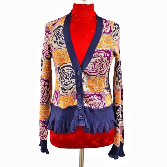 Sleeping on Snow Academic Cardigan Sweater Purple Orange Tan Ruffles Boho Whimsy - Picture 1 of 10